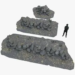 Photorealistic 3D boulder wall model with 4k textures, perfect for Blender 3D projects, showcasing 3 size variations.