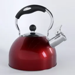 Red glossy 3D Blender model of a stainless steel whistling tea kettle with ergonomic handle.