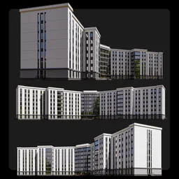 Modern multi-story 3D building model with sleek lines, large windows, and balcony greenery, designed for Blender.