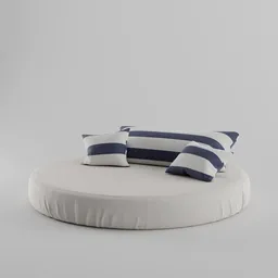 "Relax in style at the beach or pool with this comfortable outdoor lounge bed, featuring blue and white tones and Scandinavian-inspired design. Rendered in 3D with cloth physics and tonal topstitching. Perfect for in-game models. Arafed round bed with pillows and blankets."