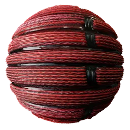 Realistic PBR thick red cables texture with black ties, displacement depth, for 3D modeling in Blender and similar software.
