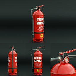 Detailed 3D Blender model of a red portable fire extinguisher with labels and a nozzle.