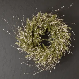 3D-rendered Christmas wreath with golden, white flowers for festive home decor, compatible with Blender.