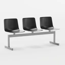 "Fredericia Pato Bench - A sleek and refined transportation design render, featuring three chairs on a bench with a white background. This 3D model, created in Blender 3D, is part of the Pato line by Fredericia and designers Welling and Ludvik, offering a collection of new and stylish furniture suitable for public spaces."