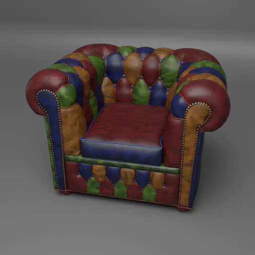 Colorful Blender 3D model of a Harlequin-patterned Chesterfield club chair with diamond tufting and nailhead trim.