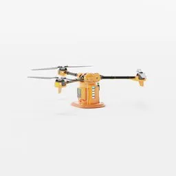 "Drone model designed for various industries and everyday applications, featuring a small toy helicopter with an attached camera. This 3D printed, orange and black device showcases a rococo mechanical and electronic design, with interconnections and a striking black and yellow color scheme. Ideal for Blender 3D enthusiasts seeking a versatile and visually captivating 3D model."