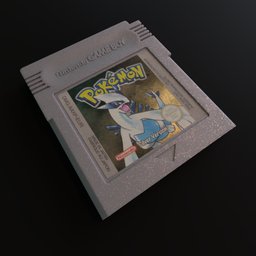 "3D model of a Game Boy Color cartridge for Blender 3D with Pokemon Silver. The retro design features shiny white metal and textured disc base, reminiscent of classic 1993 computer game art. Perfect for game designers and computer art enthusiasts."