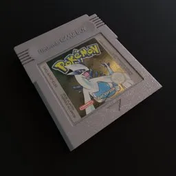 "3D model of a Game Boy Color cartridge for Blender 3D with Pokemon Silver. The retro design features shiny white metal and textured disc base, reminiscent of classic 1993 computer game art. Perfect for game designers and computer art enthusiasts."