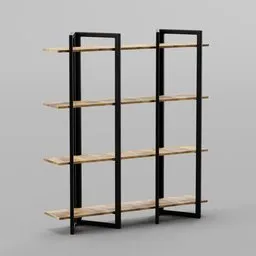 High-quality 3D model of modern tall bookshelf with mango wood shelves and black frame, designed in Blender 3D.