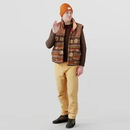 3D modeled young man in casual wear with beanie greeting gesture, ideal for Blender projects.