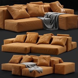"Living Divani Extrasoft Sofa, a highly detailed and inspired 3D model in dark orange color palette, with dynamic folds, pillows, and blanket. Rendered in Blender's Cycles, this sofa has a dimension of 288cm x 287cm x 70cm (H) and 1,670,358 polys."
