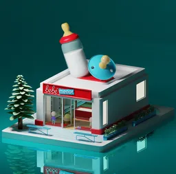 3D Blender model of a stylized baby clothing store with vibrant colors, minimalist design, and playful elements.