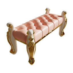 "Classic ornament leather bench, inspired by Antonio Galli Bibiena. Luxury furniture with white soft leather and gold detailing, perfect for a plush parlor or virtual metaverse room. Blender 3D model for regular-chair category."