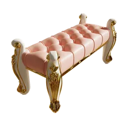 "Classic ornament leather bench, inspired by Antonio Galli Bibiena. Luxury furniture with white soft leather and gold detailing, perfect for a plush parlor or virtual metaverse room. Blender 3D model for regular-chair category."