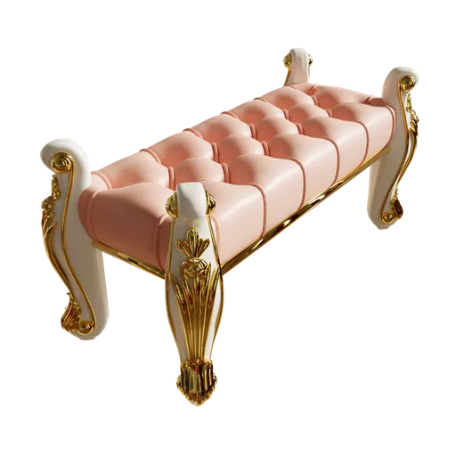Elegant 3D modeled classic bench with ornate golden legs and tufted leather, ideal for Blender 3D renderings.