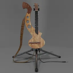 Detailed 3D model of an electric harp ukulele with a tripod stand and adjustable guitar strap, rendered in Blender.