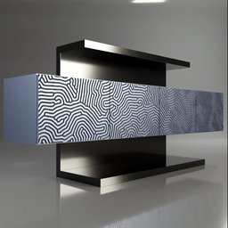 "RD Sideboard Concept 3D model for Blender 3D - black lacquered wood sideboard with metallic gray-blue patterned doors and cabinets, inspired by Alesso Baldovinetti and zebra op art."