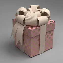 Detailed 3D-rendered pink polkadot gift box with a realistic beige ribbon, ideal for Blender 3D celebrations.