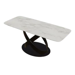 "3D model of a Mable Dining Table with a black base and white sketch lines, made from wood with a marble top. This elegant and asymmetrical table features a curved body, metal shaded stand, and is displayed on a textured disc base. Perfect for Blender 3D enthusiasts looking for a realistic and high-quality dining table model."