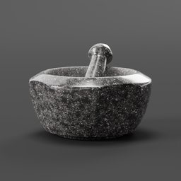 "Highly-detailed 3D model of a granite mortar and pestle for Blender 3D. Perfectly symmetrical body shape with intricate skin texture. Ideal for creating pharmacy or hindu-themed video game assets."