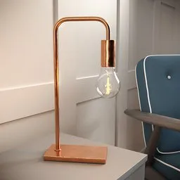 Detailed 3D rendering of a minimalistic copper table lamp with an Edison bulb, compatible with Blender software.
