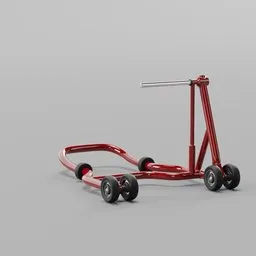 Alt text: "Red toy car-inspired motorcycle stand for rear wheel in Blender 3D, part of the vehicle category. Sturdy and wiry design inspired by Charles Fremont Conner, perfect for hobbyist or professional use."