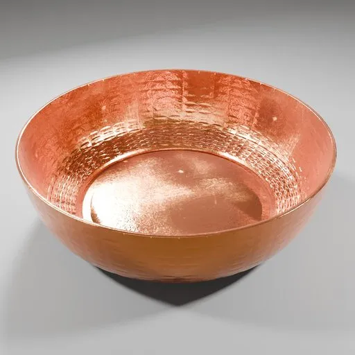 Realistic 3D model of a textured copper bowl, Blender render-ready, with intricate details and reflection.