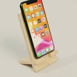 Detailed 3D model render of a wooden phone holder with a smartphone screen displayed, compatible with Blender 3D software.