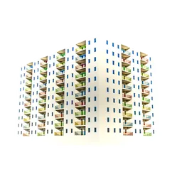 Detailed 10-story 3D residential building model with balconies, optimized for Blender architectural visualizations.