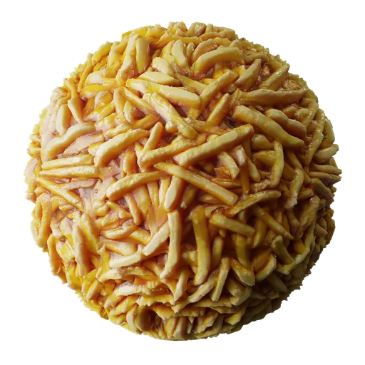 Detailed PBR French fries texture for 3D models, with realistic displacement, ideal for Blender and other 3D applications.