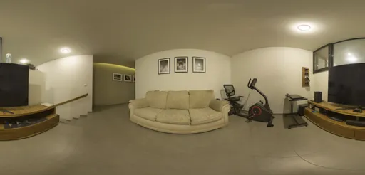 Living room HDR panorama with beige sofa and exercise bike under warm lighting for scene rendering.