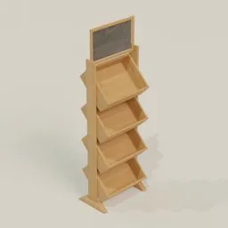 Detailed wooden 3D model of a tall five-shelf rack for Blender rendering and modeling.