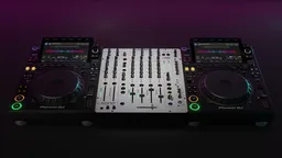 Detailed Blender 3D model featuring a DJ booth with turntables and a professional mixing console, ideal for audio scenes.
