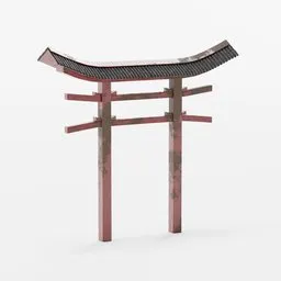 Detailed Blender 3D model of a weathered red Torii gate with authentic textures.