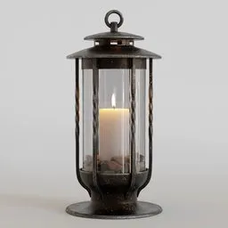 "Metal shaded candle lantern made of wrought iron and stone, with candle lit inside, inspired by Henricus Hondius II. Highly detailed 3D model for Blender 3D, perfect for creating cozy and hygge scenes."