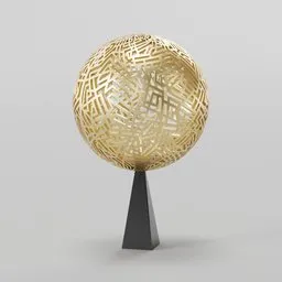 Detailed golden 3D model globe with intricate geometric patterns on a stand, created using Blender 3D.
