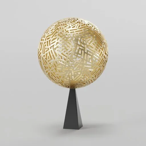 Detailed golden 3D model globe with intricate geometric patterns on a stand, created using Blender 3D.