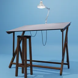 3D Blender model of a simple drawing desk with stool and adjustable lamp, realistic design, no armature yet.