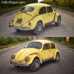 "Vintage 1967 Volkswagen Beetle 3D model for Blender 3D, featuring a realistic skin shader and three quality options of 2K, 1K, and 512. Equipped with a 1500cc engine and front disc brakes, this historic vehicle is perfect for any project or design."