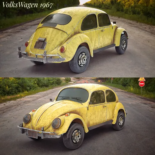 Vintage 1967 Volkswagen Beetle 3D model with detailed 1500cc engine, available in 2K, 1K, and 512 textures for Blender rendering.