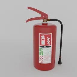 Realistic 3D model of a red fire extinguisher with detailed labels and nozzle, compatible with Blender.