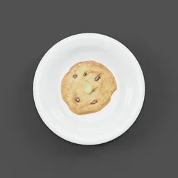 3D rendered chocolate chip cookie on plate, detailed texture, ideal for Blender 3D culinary visualization.