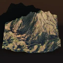 "Mountain Landscape 3D model for Blender 3D: realistic shadows, cel-shaded PBR textures, dead forest background, and dynamic lighting. Features enclosed rocky mountains, a flying rocky island, and grainy textures. Perfect for AI app icons and compute shaders. "