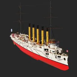 Detailed 3D model of a vintage naval ship with multiple funnels, suitable for Blender rendering.