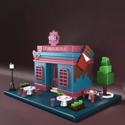 Detailed 3D model of a whimsical candy shop, designed in Blender with exterior seating and streetlamp.