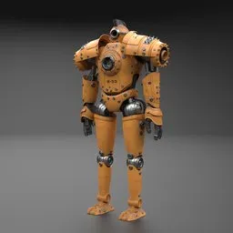 "Scifi War Robot - A yellow PBR textured 3D model created in Blender 3D. This close-up depiction of a mech-shaped manatee-like robot stands tall and dons a helmet, perfect for your futuristic and steampunk themed projects."