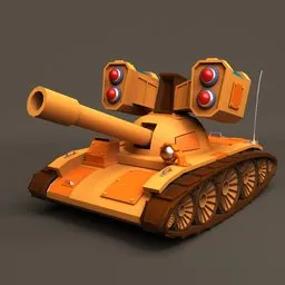 "Tank model suitable for Blender 3D: Rocket-propelled grenade launcher with detailed body and face, animated still, featuring two lights, perfect for motion graphics video games. Official render with spotlighting, Clean image in old 3D graphics style by Anton Battroid. Ideal for industrial vehicle projects."