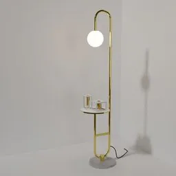 "Floor stand lamp perfect for interior design and side table use. This brass semi-mechanical woman inspired lamp with a single long stick and centered rim lighting is a product showcase made in 2019. Add accent lighting with this 3D model for Blender 3D."