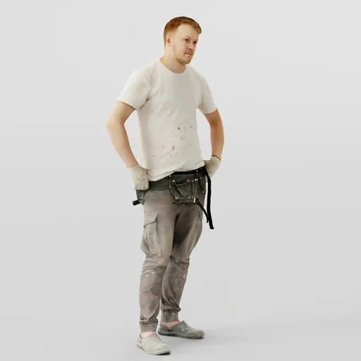 3D model of a thoughtful young construction worker with tool belt, ideal for Blender projects.