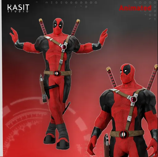 Stylized low poly Deadpool 3D model with PBR textures, showcasing dance, idle, walk, and run animations, created by Arshia J.